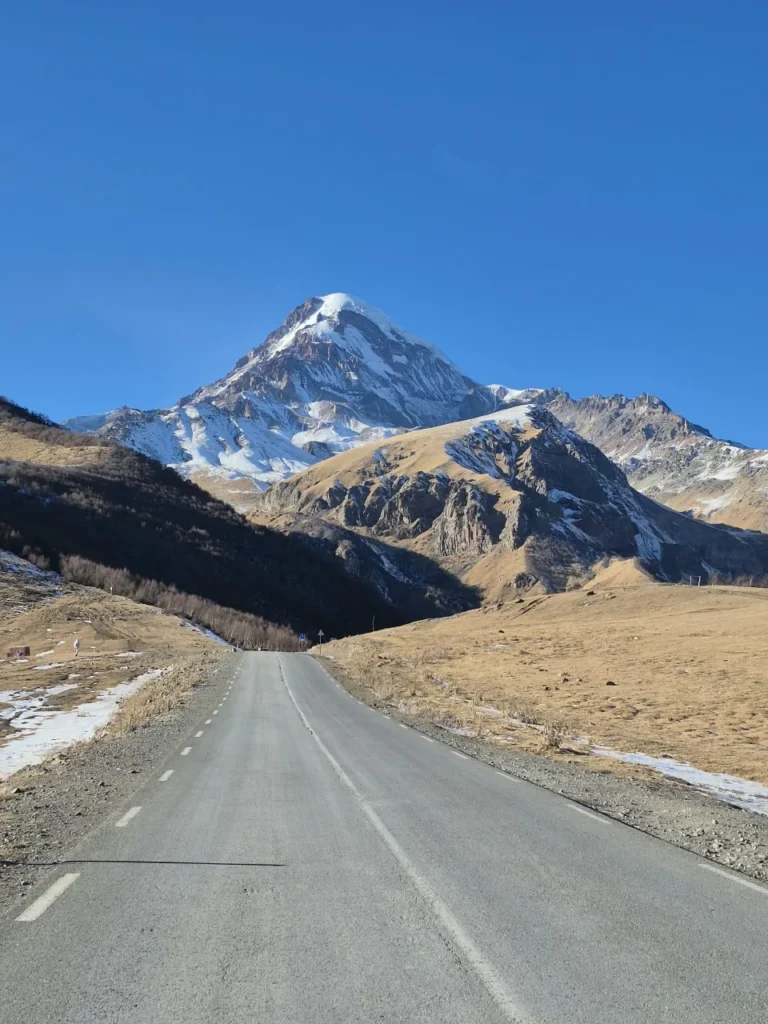 The road towards Mount Kazbek in the Greater Caucasus.