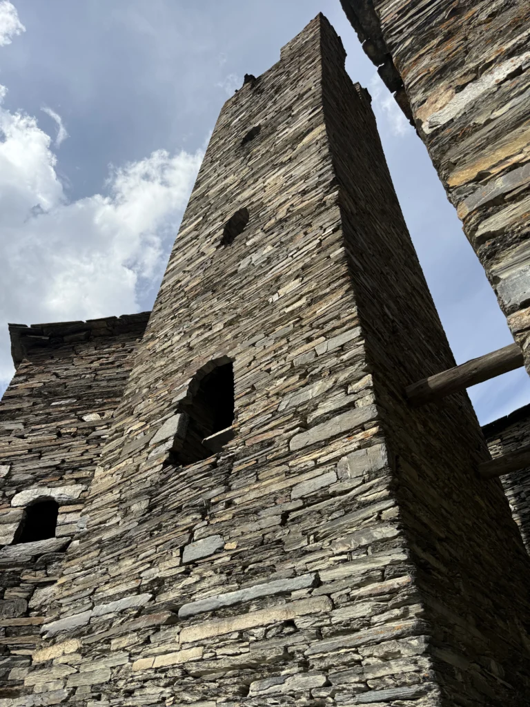 Medieval stone towers and mountain settlements in Khevsureti, Georgia.