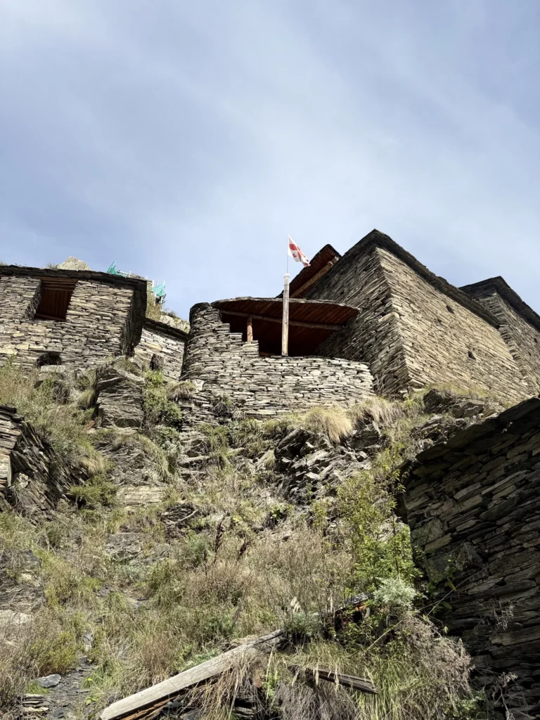 Medieval stone towers and mountain settlements in Khevsureti, Georgia.