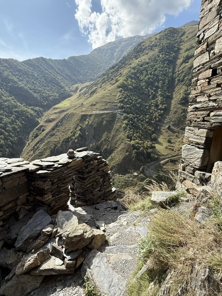 Medieval stone towers and mountain settlements in Khevsureti, Georgia.