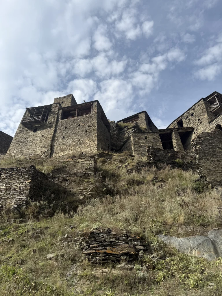 Medieval stone towers and mountain settlements in Khevsureti, Georgia.