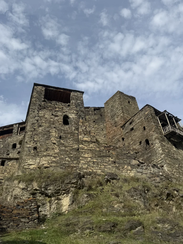 Medieval stone towers and mountain settlements in Khevsureti, Georgia.