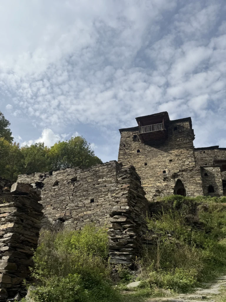 Medieval stone towers and mountain settlements in Khevsureti, Georgia.