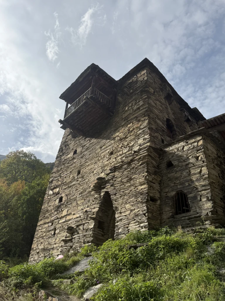 Medieval stone towers and mountain settlements in Khevsureti, Georgia.