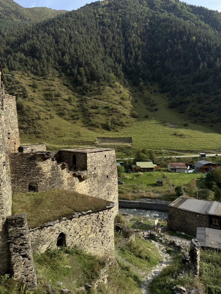 Medieval stone towers and mountain settlements in Khevsureti, Georgia.