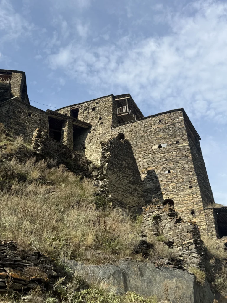 Medieval stone towers and mountain settlements in Khevsureti, Georgia.