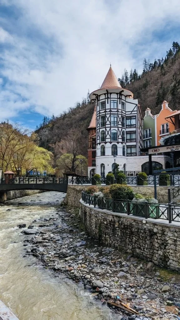 Borjomi: historic buildings beside the Borjomula River.