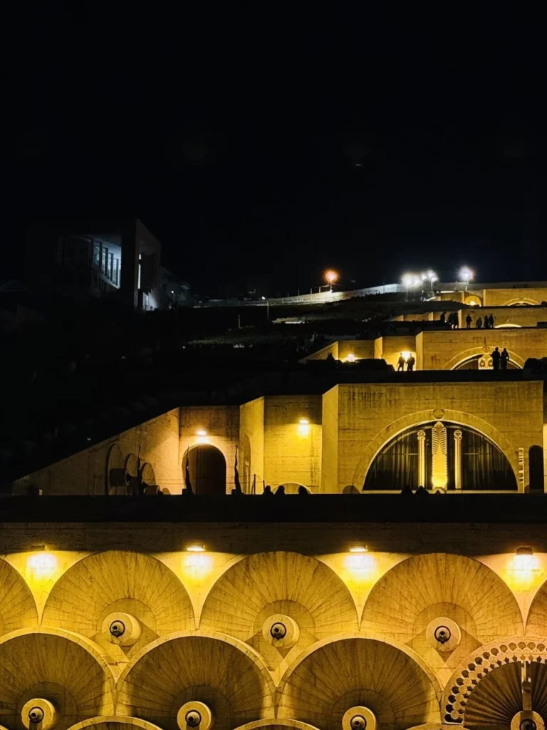 Illuminated arches of the Cascade complex in Yerevan.