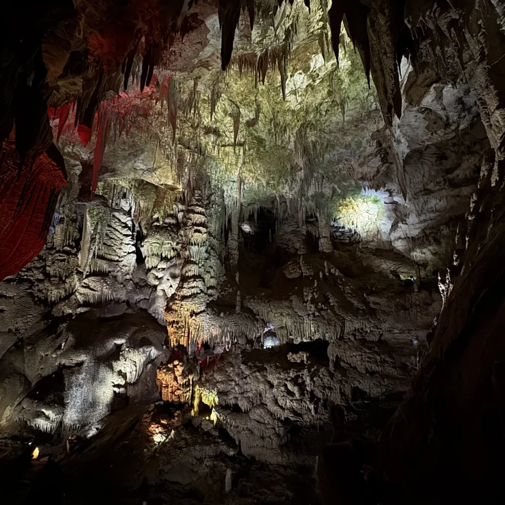 Stalactites and stalagmites in Prometheus Cave.