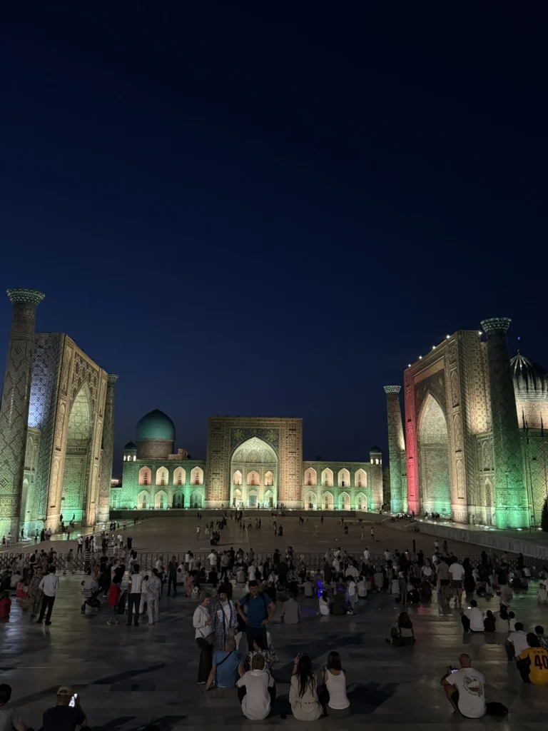 Registan Square illuminated at night, Samarkand.