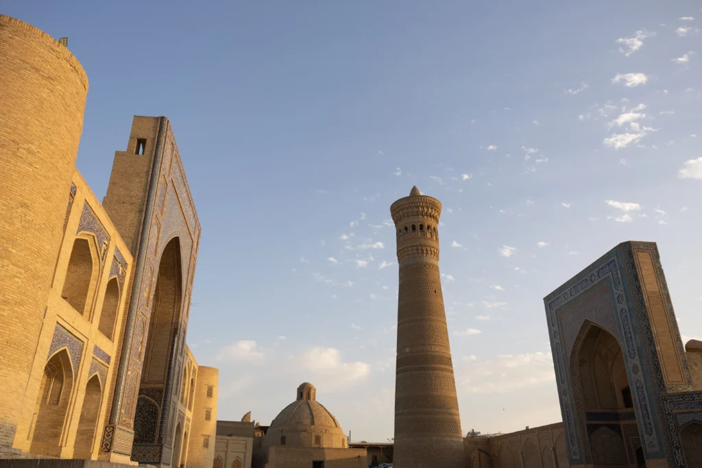 A historic minaret among the monuments of Uzbekistan.