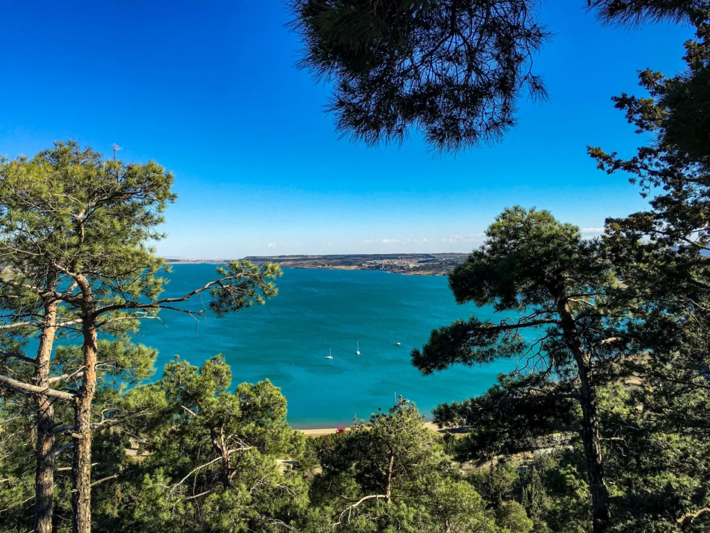 Turquoise water and sailboats framed by pine trees at Tbilisi Sea.